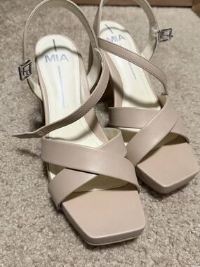 MIA Nude Crisscross Block Heel Sandals